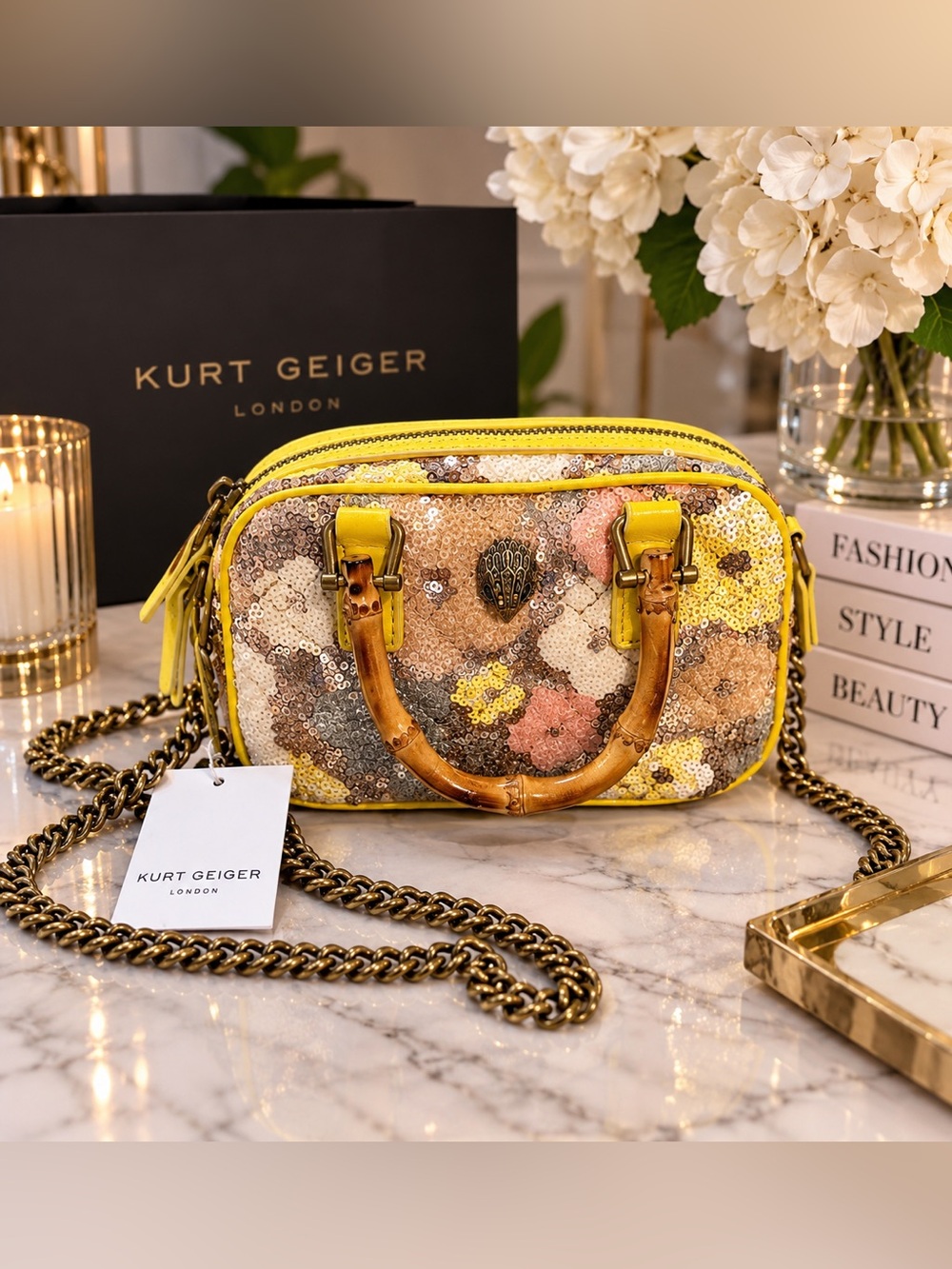 Kurt Geiger Sequin Mini Crossbody Bag Bamboo Handles NWT